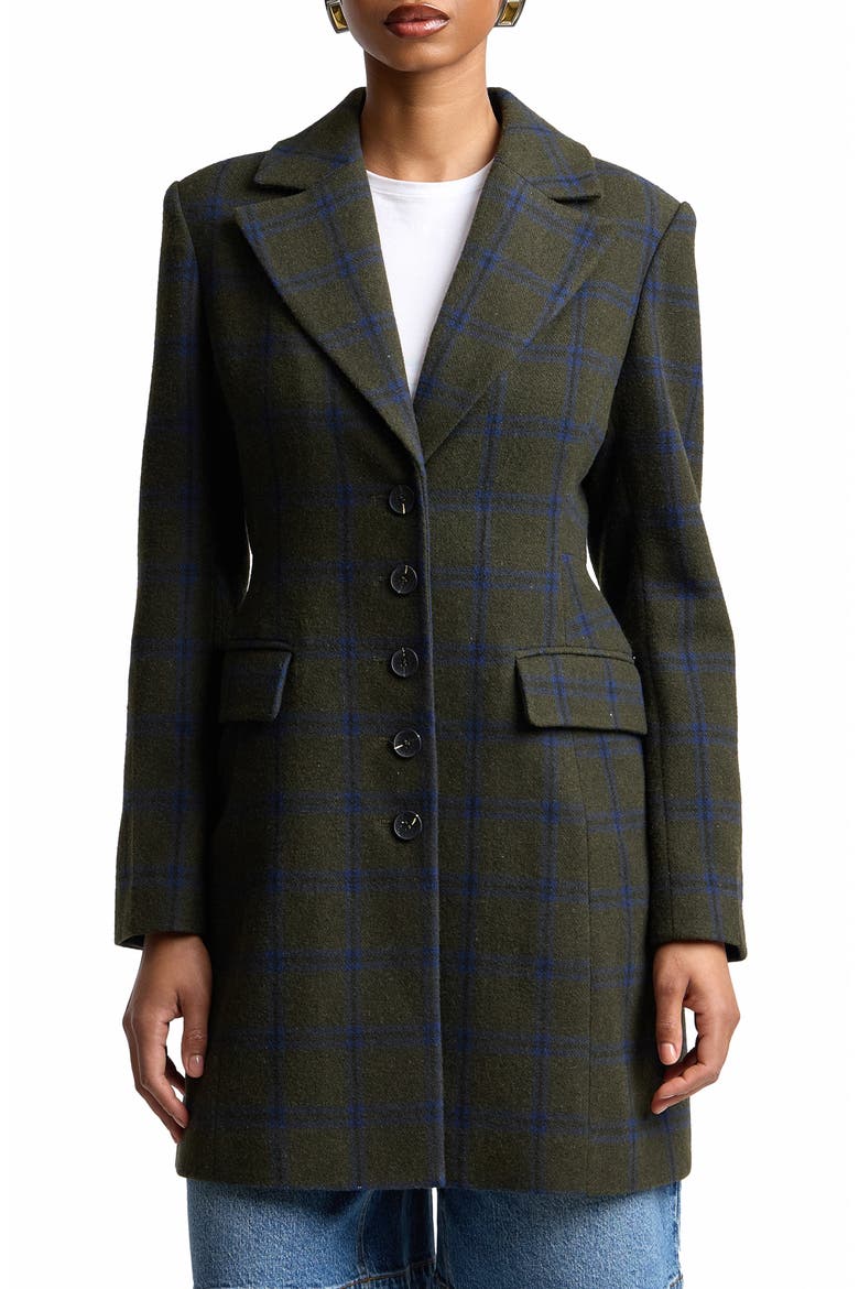 Sculpted Plaid Coat, Main, color, OLIVE-BLUE PLAID