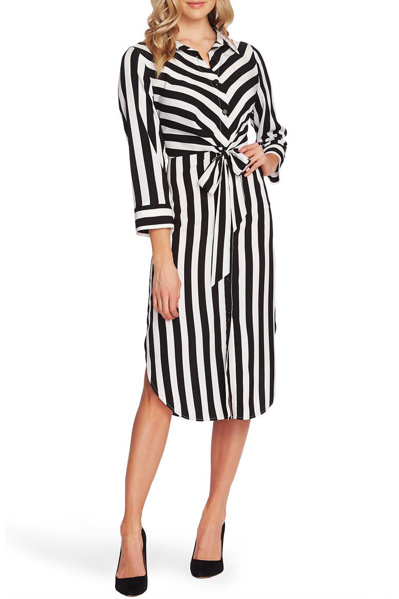 Bold Stripe Tie Front Bracelet Sleeve Shirtdress, Main, color, RICH BLACK