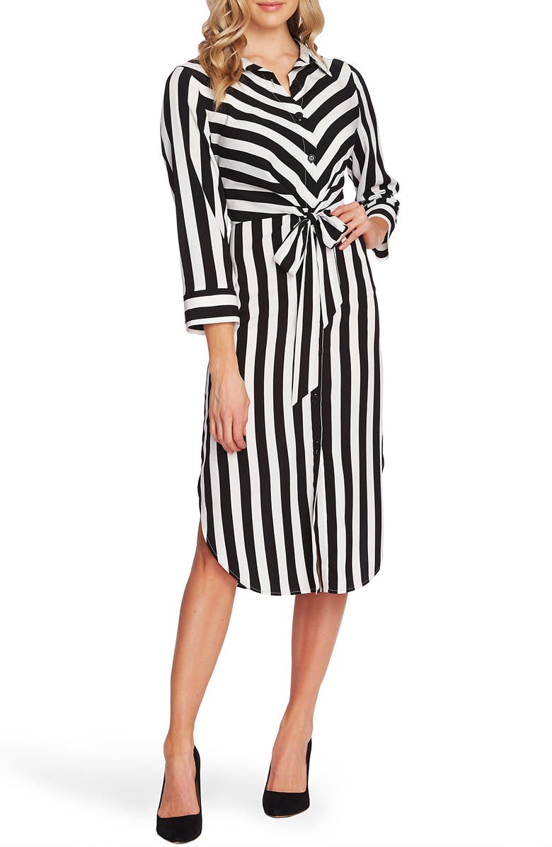 Vince Camuto Bold Stripe Tie Front Bracelet Sleeve Shirtdress, Main, color, 
