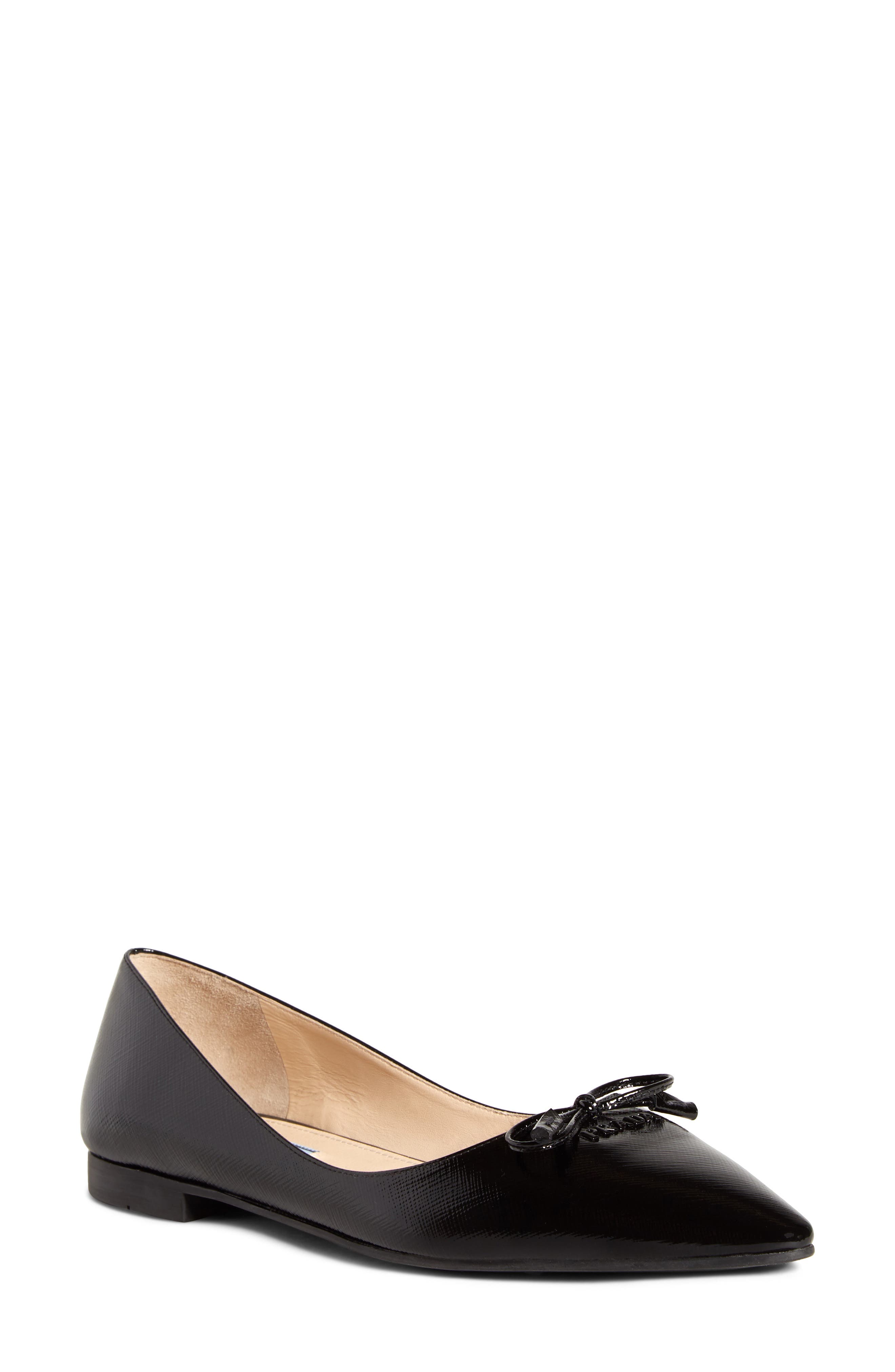 Bow Logo Pointed Toe Flat, Main, color, BLACK SAFFIANO
