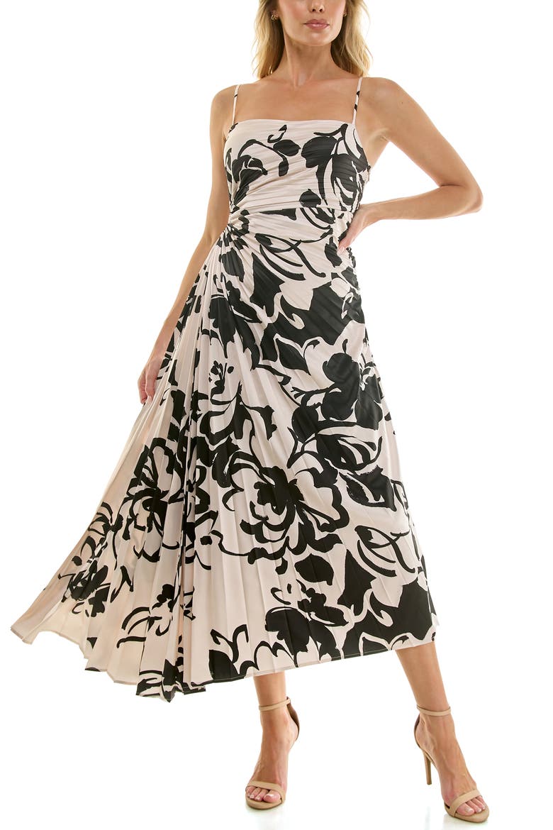 Floral Pleated Satin Dress, Main, color, CREAM/ BLACK