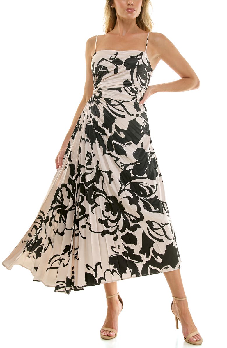 Socialite Floral Pleated Satin Dress, Main, color, Cream/ Black