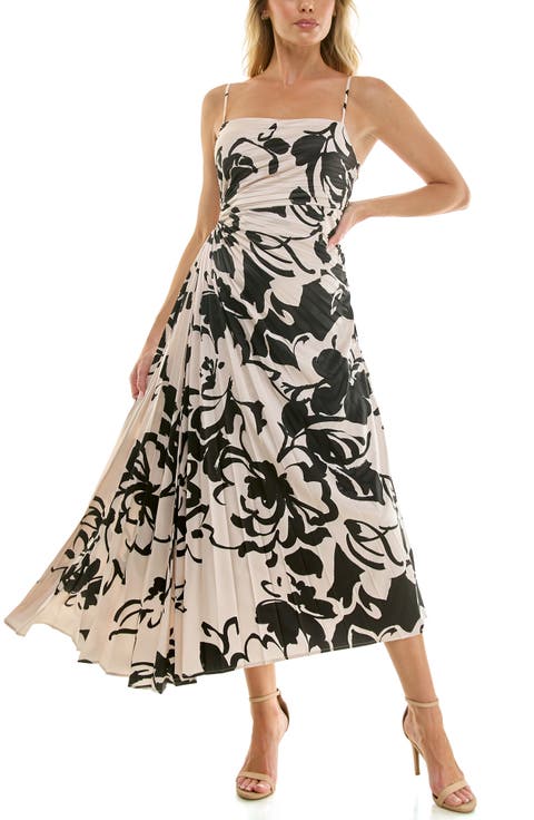 Floral Pleated Satin Dress