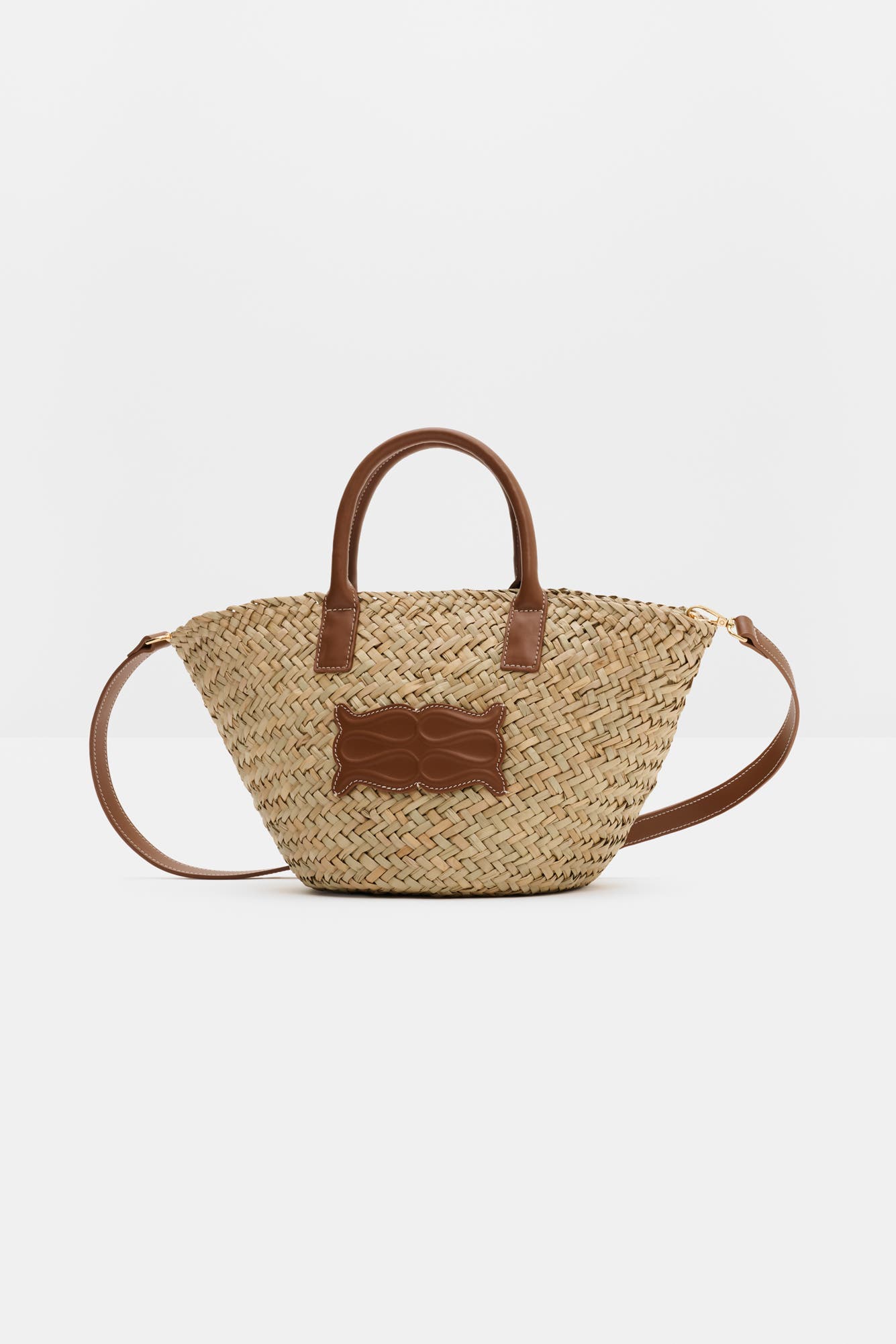 Small Leather Trimmed Straw Tote, Alternate, color, Cognac