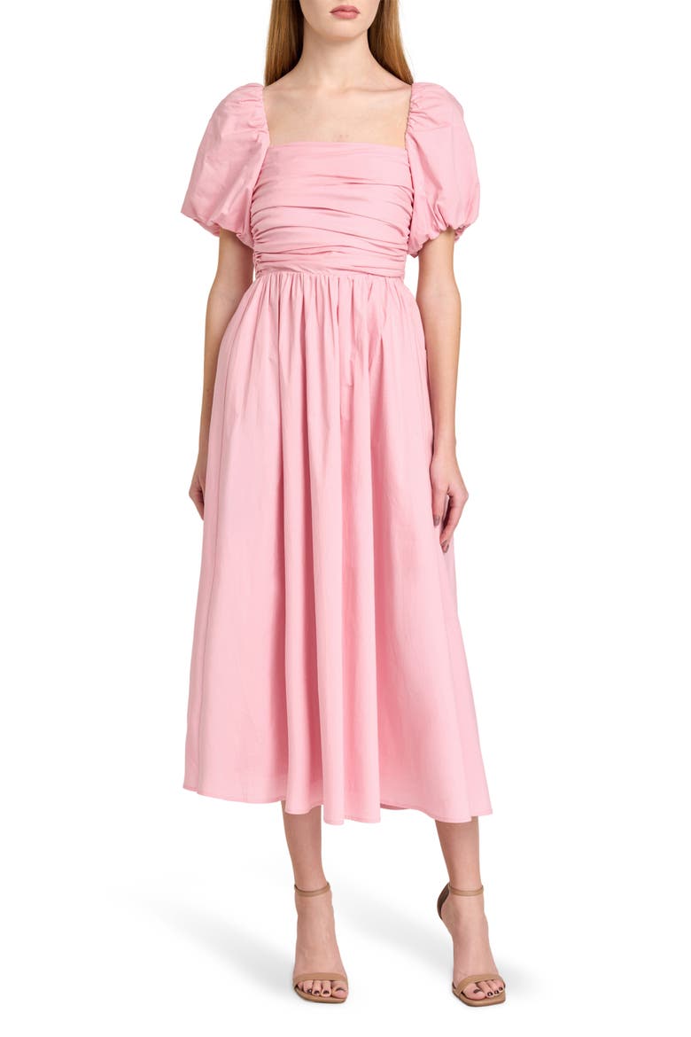 Lucy Ruched Puff Sleeve Midi Dress, Main, color, PINK