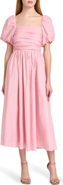 WAYF Lucy Ruched Puff Sleeve Midi Dress