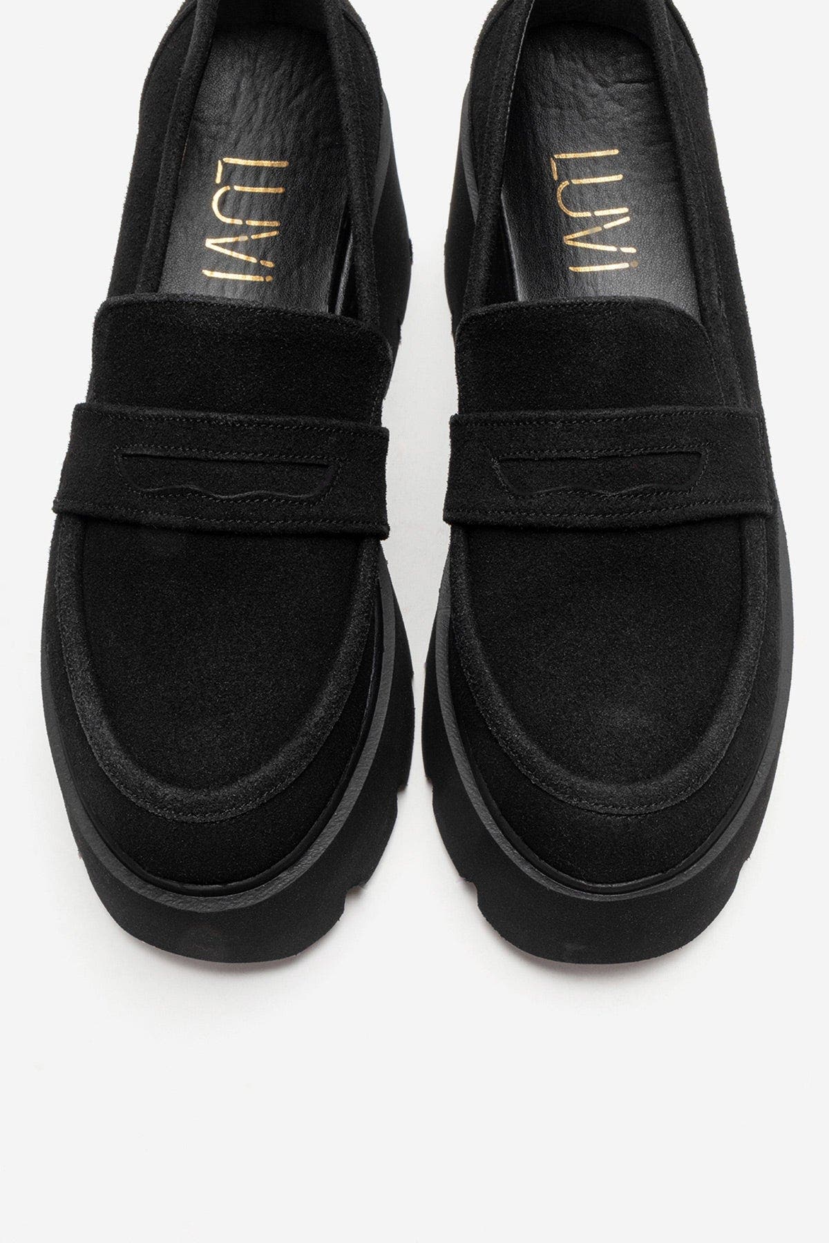 Prologue Shoes Santia Chunky Platform Loafer, Alternate, color, Black Suede