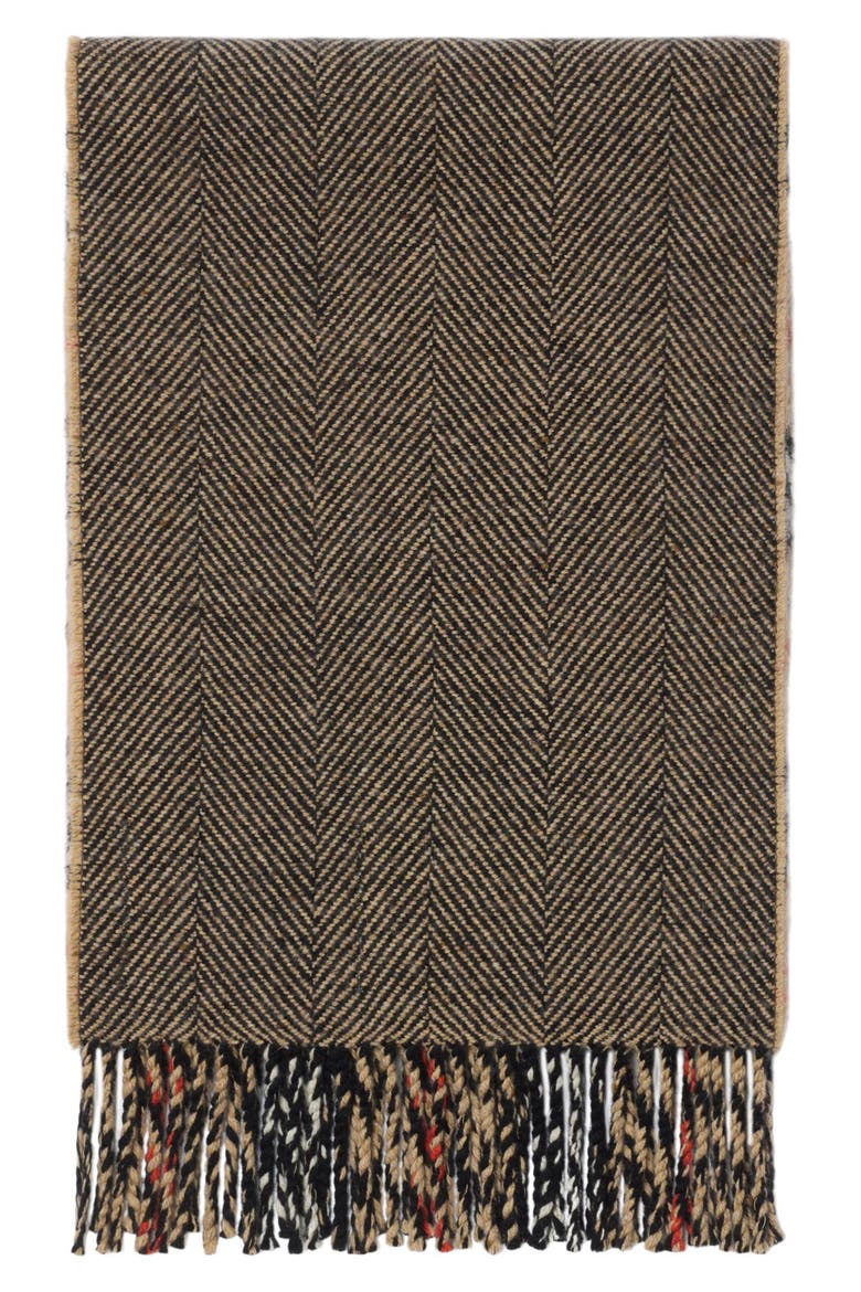 Check & Herringbone Reversible Cashmere & Wool Fringe Scarf, Alternate, color, SAND