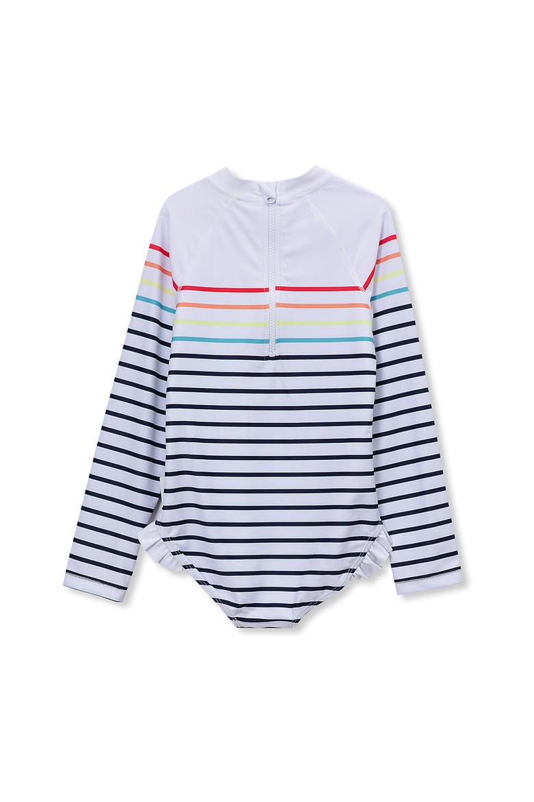 Girls Chlorine Resistant Long Sleeve Ruffle One Piece Swimsuit, Alternate, color, White Multi Stripes