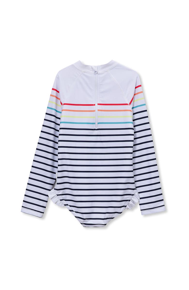 Lands' End Girls Chlorine Resistant Long Sleeve Ruffle One Piece Swimsuit, Alternate, color, White Multi Stripes