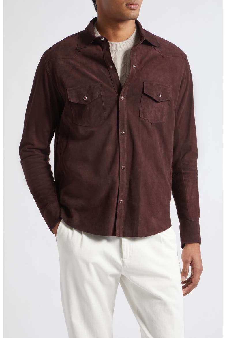 Mixed Media Western Suede & Merino Wool Snap Overshirt, Main, color, 10-10 BURGUNDY BURGUNDY