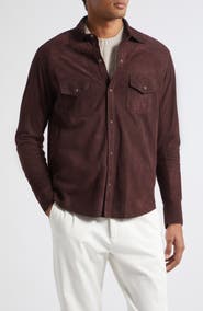 Eleventy Mixed Media Western Suede & Merino Wool Snap Overshirt