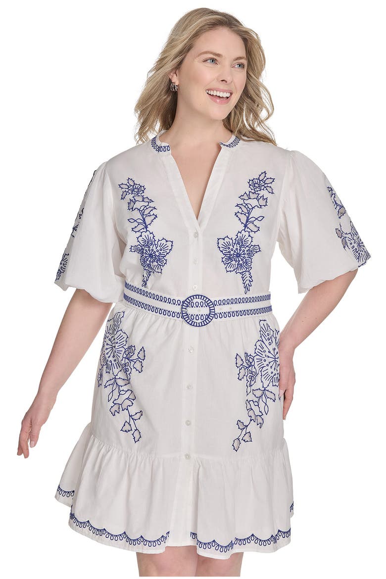 Embroidered Detail Short Sleeve Cotton Shirtdress, Alternate, color, IVORY BLUE