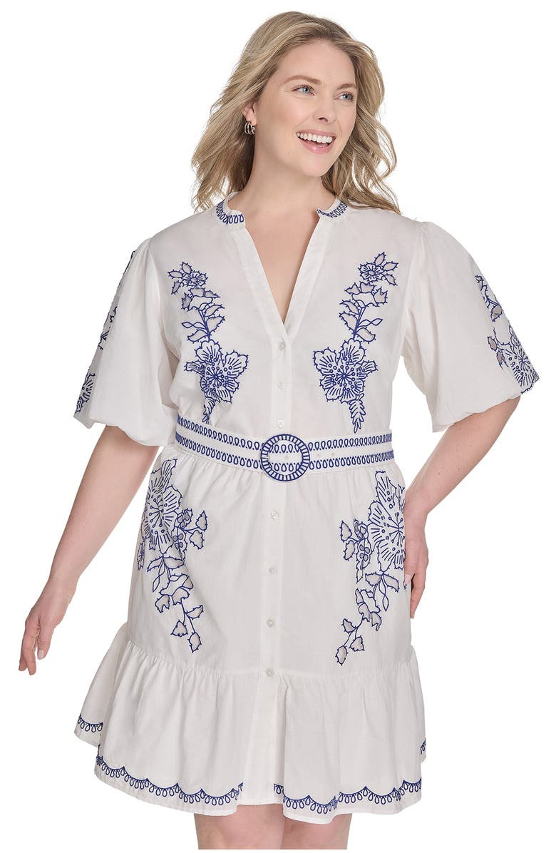 Eliza J Embroidered Detail Short Sleeve Cotton Shirtdress, Alternate, color, Ivory Blue