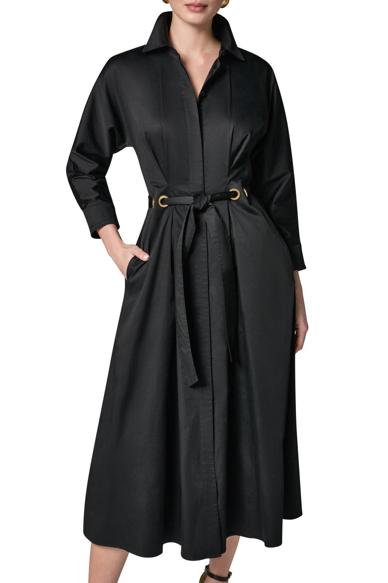 Drawstring Waist Stretch Cotton Midi Shirtdress, Alternate, color, BLACK