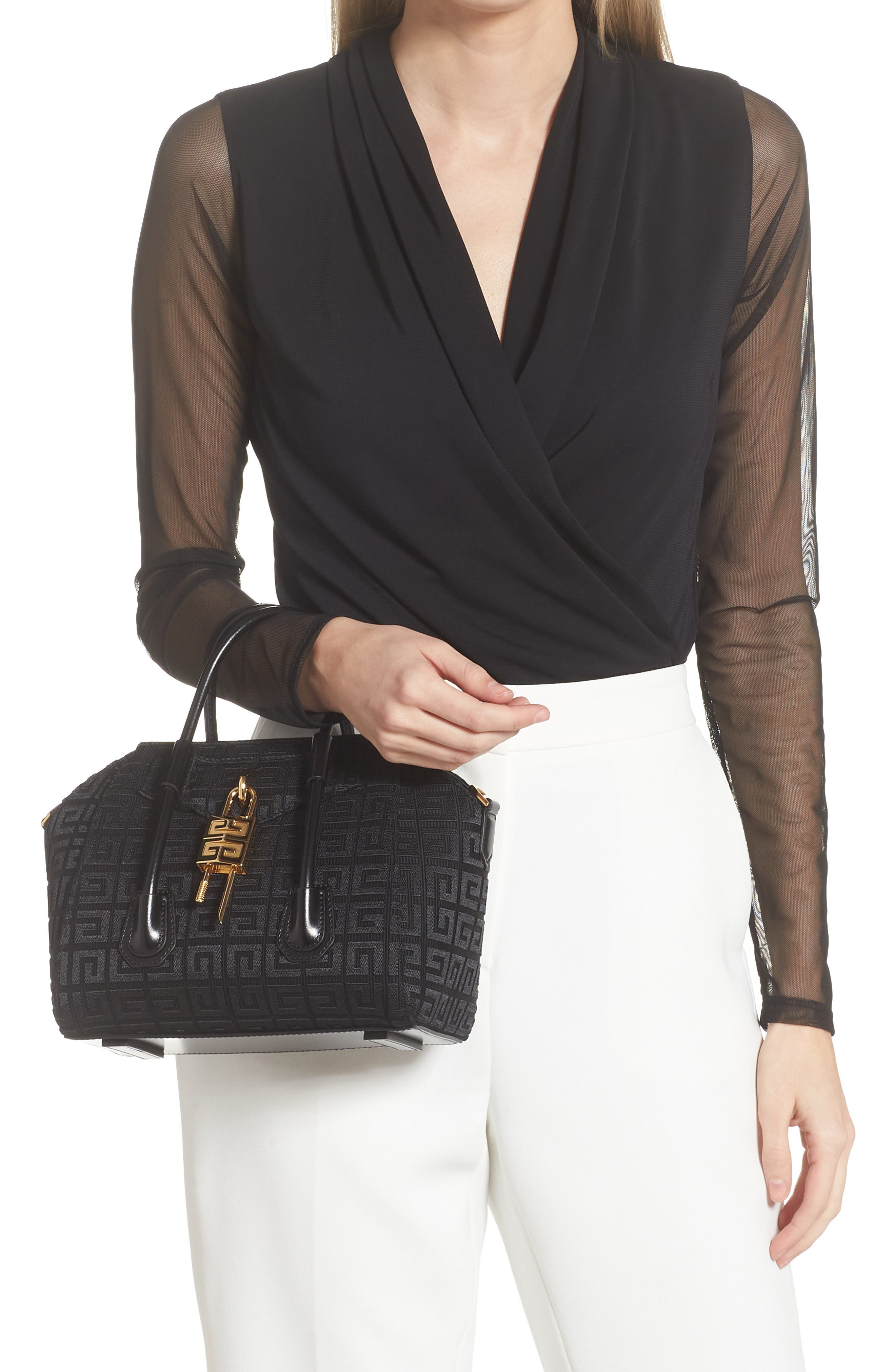 Givenchy Mini Antigona Lock Embroidered Canvas Satchel, Alternate, color, 