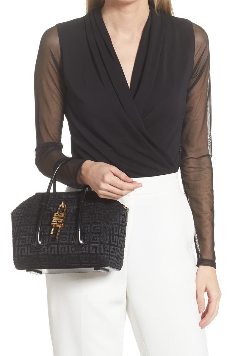 Givenchy Mini Antigona Lock Embroidered Canvas Satchel, Alternate, color,