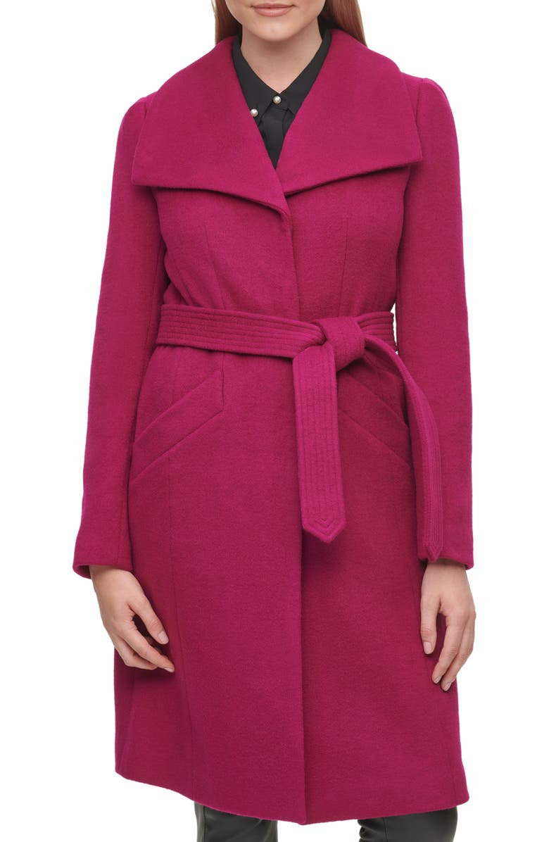 KARL LAGERFELD PARIS Wool Belted Wrap Coat, Main, color, Magenta