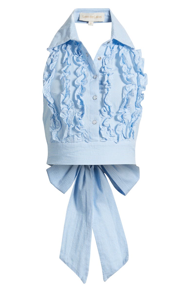 LOVE THE LABEL Turner Ruffle Detail Cotton Gingham Halter Top, Alternate, color, Blue/ White