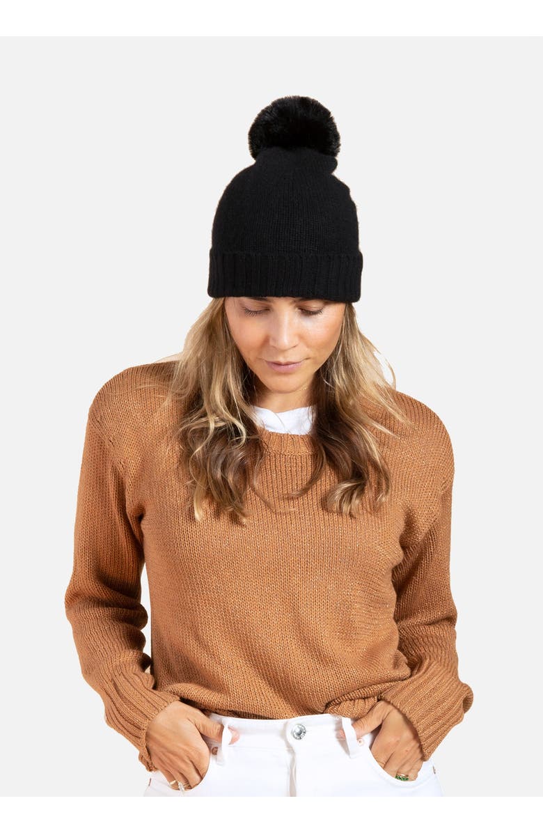 Hat Attack Classic Cashmere Slouch Hat with Faux Fur Pom, Alternate, color, Black