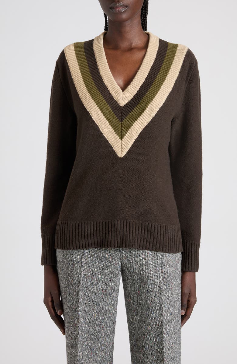 Valentino Maglia Virgin Wool V-Neck Sweater, Main, color, Brown/ Beige