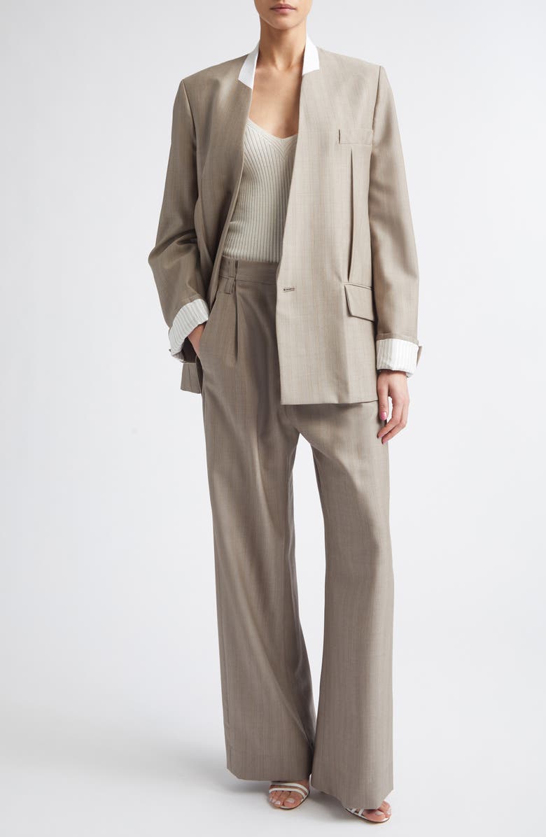 Victoria Beckham Collarless Virgin Wool Herringbone Blazer, Main, color, Limestone