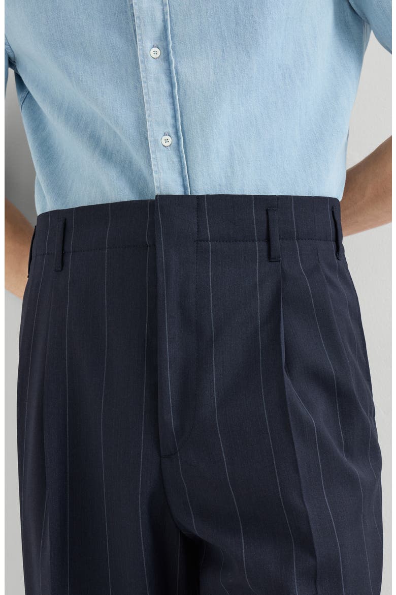 Virgin wool chalk stripe trousers with double pleats, Alternate, color, Navy Blue