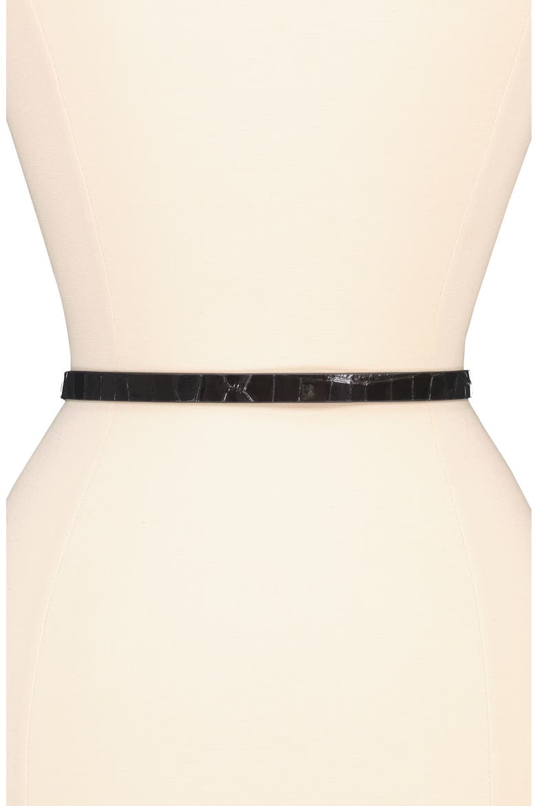 Skinny Croc Embossed Leather Belt, Alternate, color, BLACK