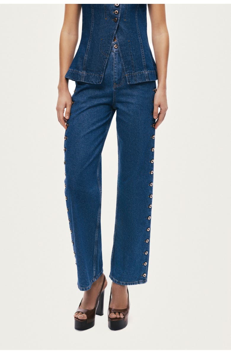 Nocturne Eyelet Detail Wide-Leg Denim Pants, Main, color, Navy Blue