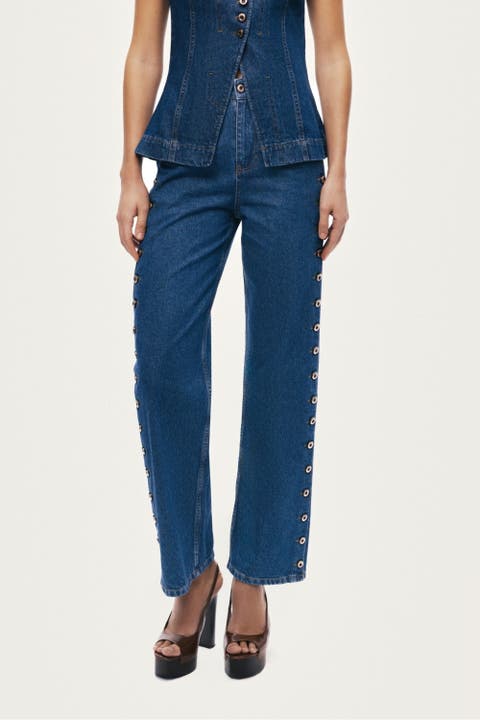 Eyelet Detail Wide-Leg Denim Pants