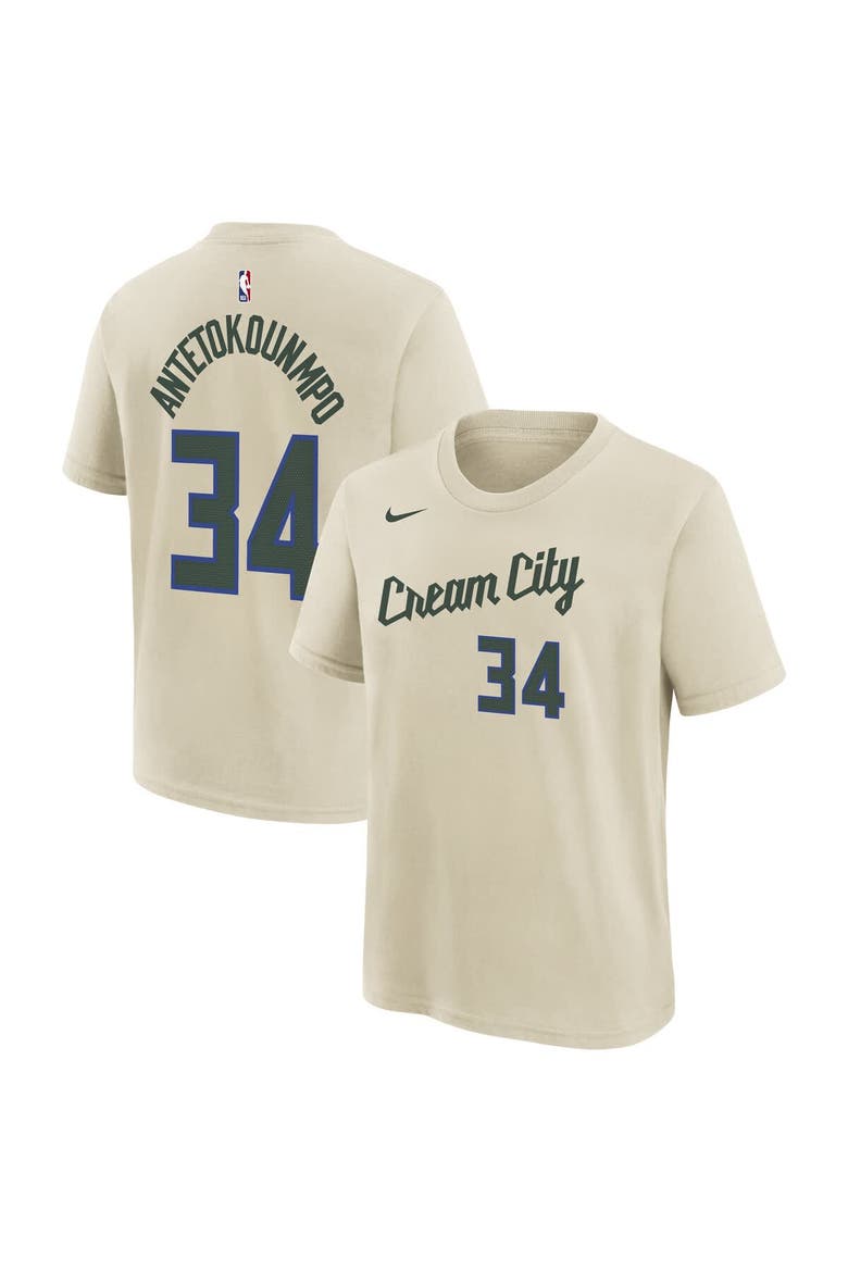 Youth Nike Giannis Antetokounmpo Cream Milwaukee Bucks 2025/26 City Edition Name & Number T-Shirt, Main, color, Cream