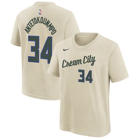 Youth Nike Giannis Antetokounmpo Cream Milwaukee Bucks 2025/26 City Edition Name & Number T-Shirt