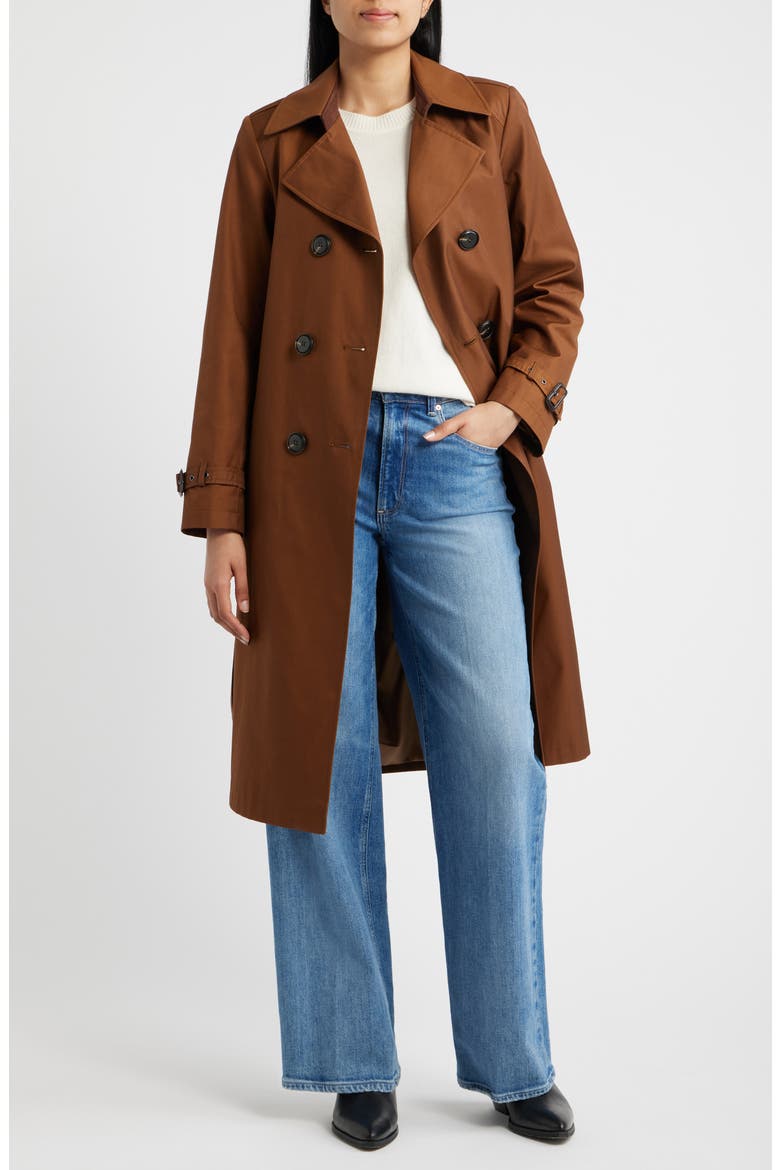 Double Breasted Trench Coat with Faux Suede Detail, Alternate, color, TOFFEE