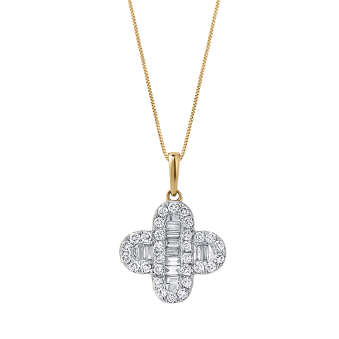 Alina 0.7 Cts 14K Gold Baguette & Round Cut Diamond Clover Pendant with Optional Chain