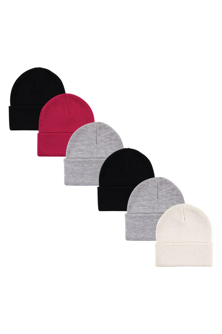 6Pc Knit Cuffed Beanie, Main, color, Dark Pink Cream Black