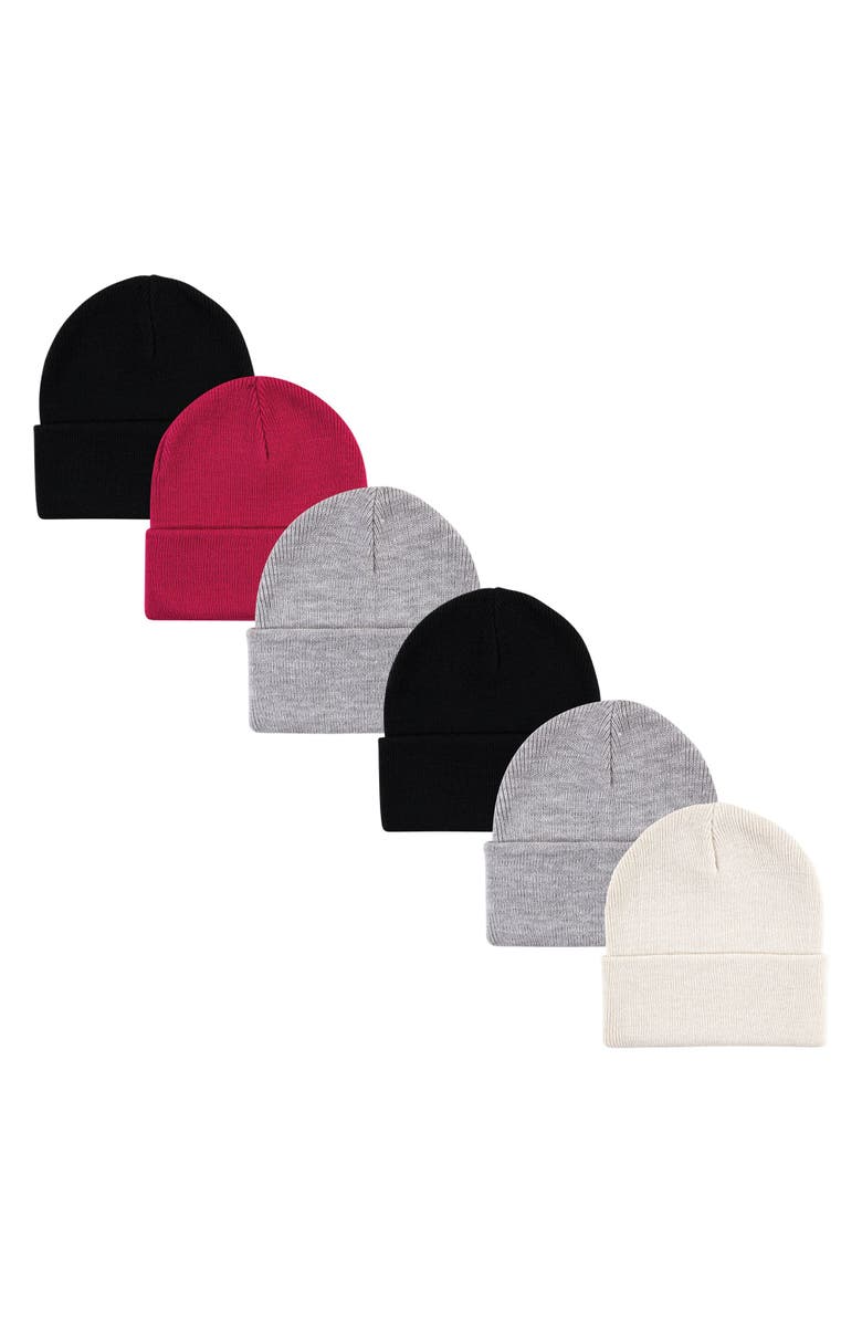 Hudson Baby 6Pc Knit Cuffed Beanie, Main, color, Dark Pink Cream Black