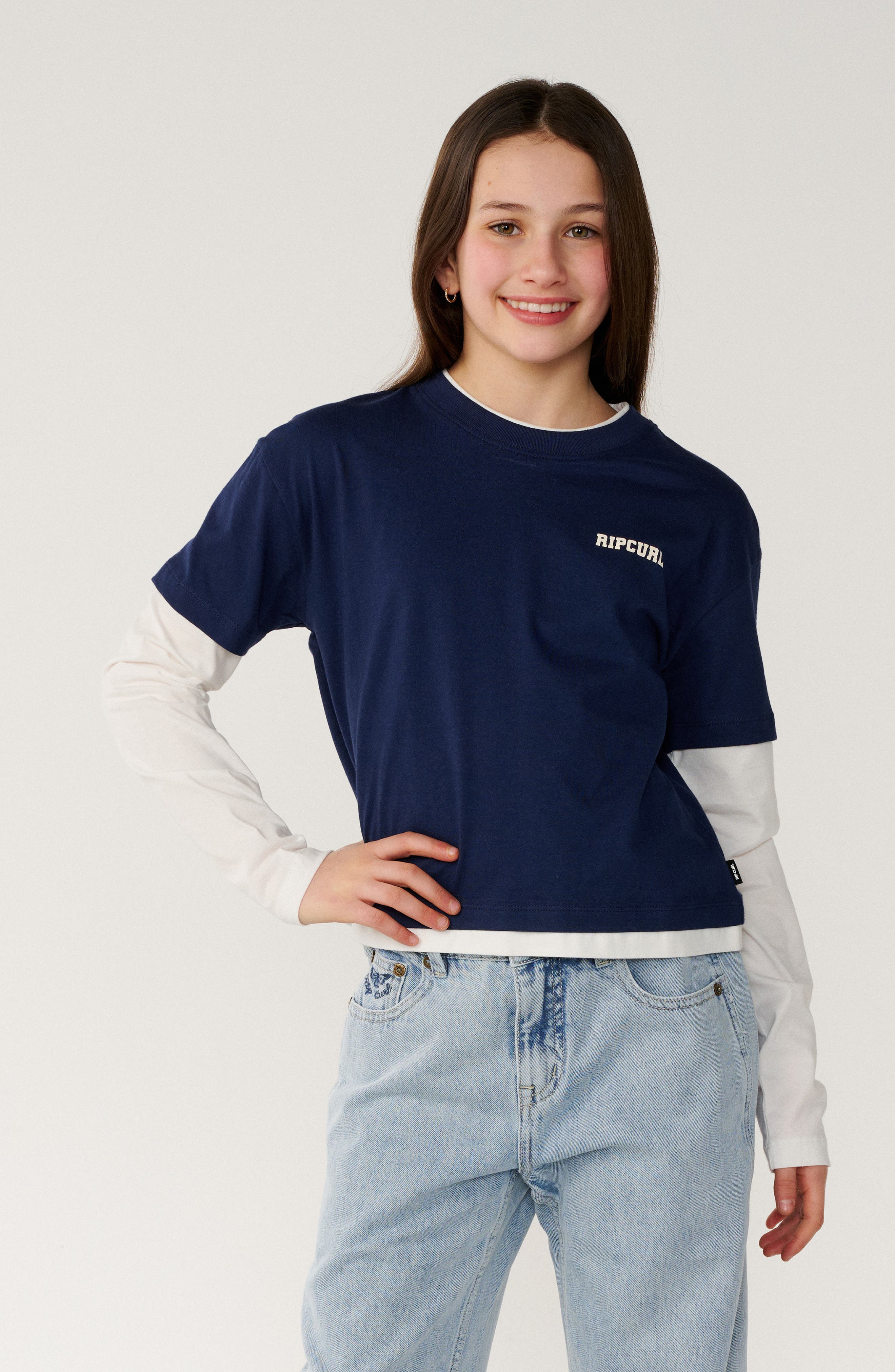 Rip Curl Kids' Retro Rama Layered Long Sleeve Graphic T-shirt In Navy