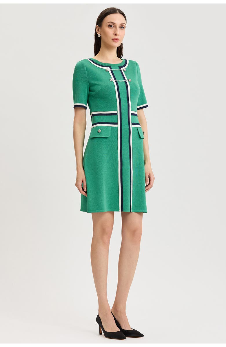Ming Wang Button Detail Contrast Trim Soft Knit Dress, Alternate, color, Kelly Green/Indigo/Ivory