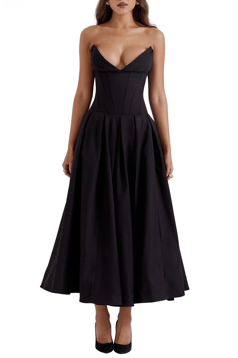 Lady Strapless Midi Dress, Main, color, BLACK