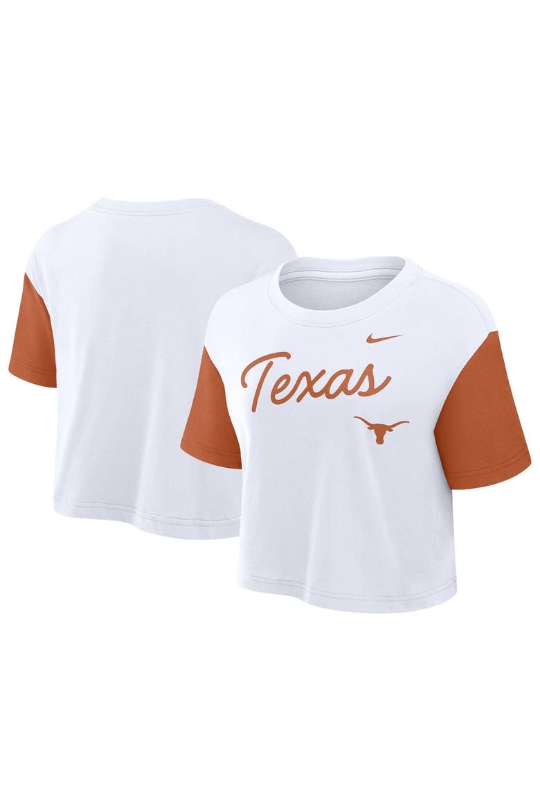 Women's Nike White/Texas Orange Texas Longhorns Color-Block Script Performance Cropped T-Shirt, Alternate, color, White