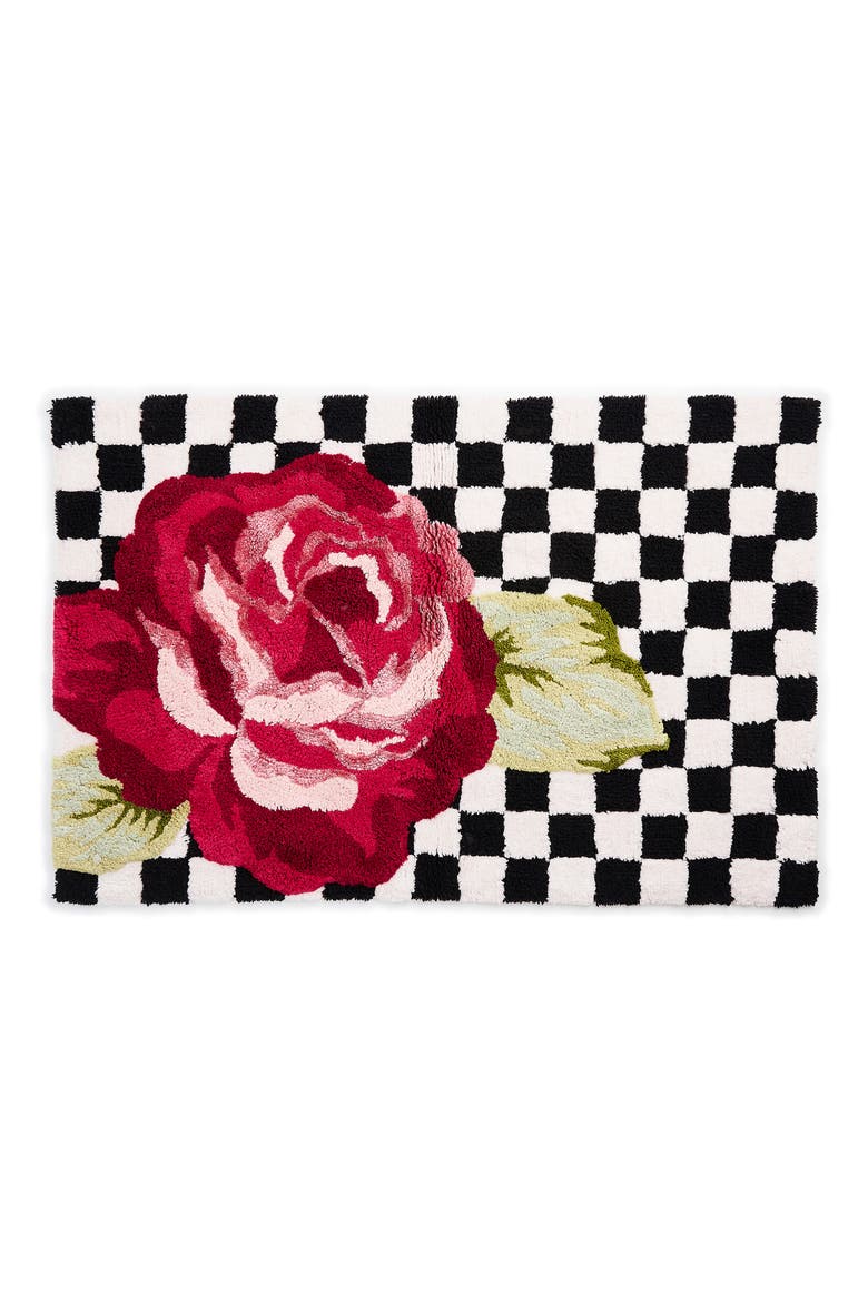 Rose & Check Cotton Blend Bath Rug, Main, color, BLACK