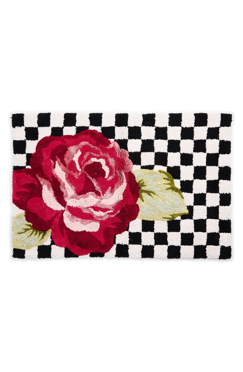 MACKENZIE CHILDS Rose & Check Cotton Blend Bath Rug, Main, color, 