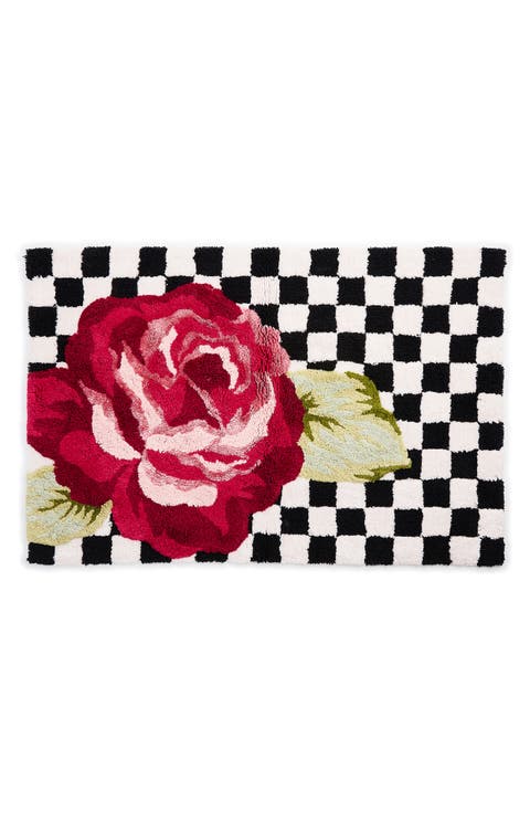 Rose & Check Cotton Blend Bath Rug