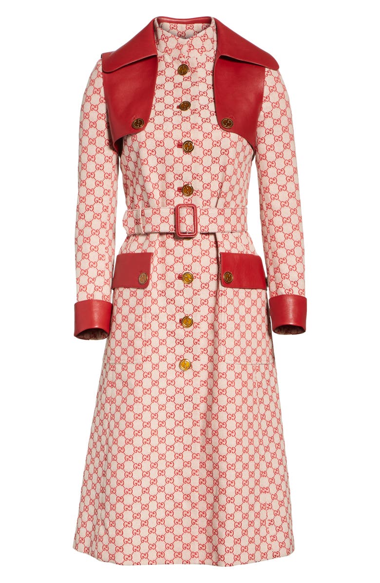 Gucci Leather Trim GG Canvas Trench Coat, Alternate, color,