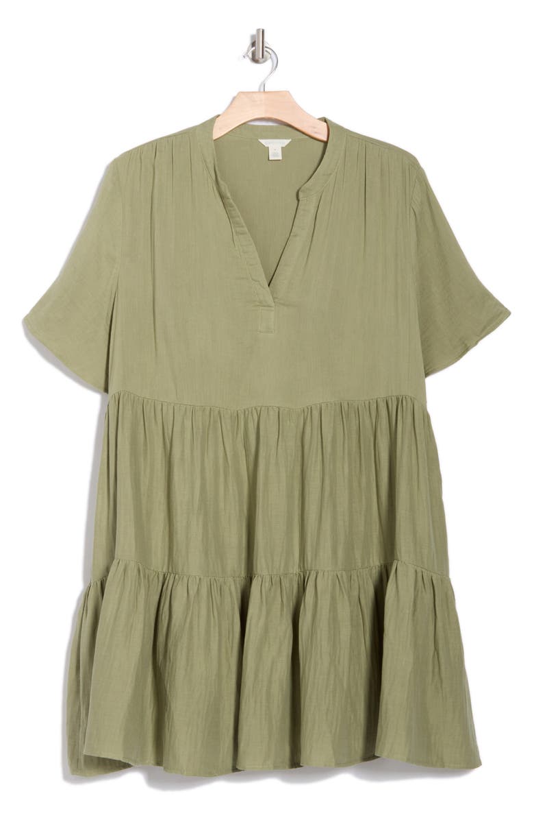 Caslon<sup>®</sup> Short Sleeve Tiered Babydoll Dress, Alternate, color, Olive Acorn