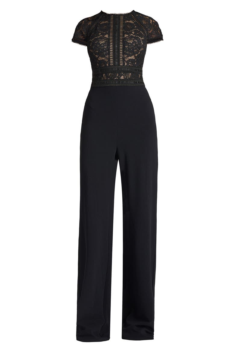 Lace Top Crepe Jumpsuit, Alternate, color, BLACK/ NUDE