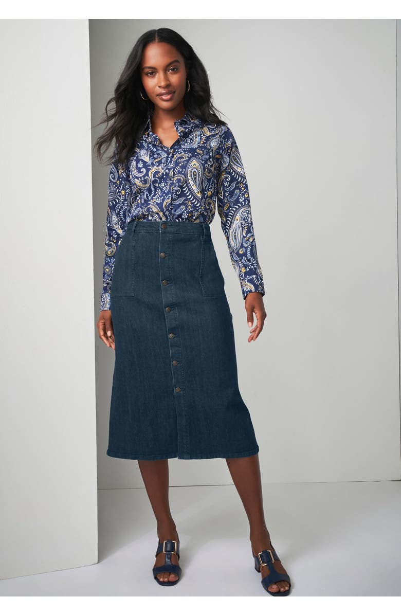 Jessica London True Fit Button-Front Midi Skirt, Alternate, color, 