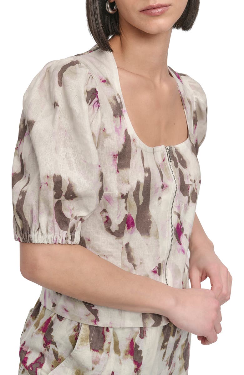 DKNY Print Zip Front Puff Sleeve Linen Blend Top, Alternate, color, Shattered Tiger