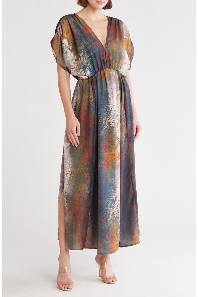 Puff Sleeve Drop Waist Side Slit Maxi Dress, Main, color, BLUE MULTI