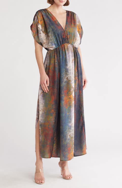 Puff Sleeve Drop Waist Side Slit Maxi Dress